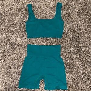 Teal Ribbed Crop Top and Shorts Set